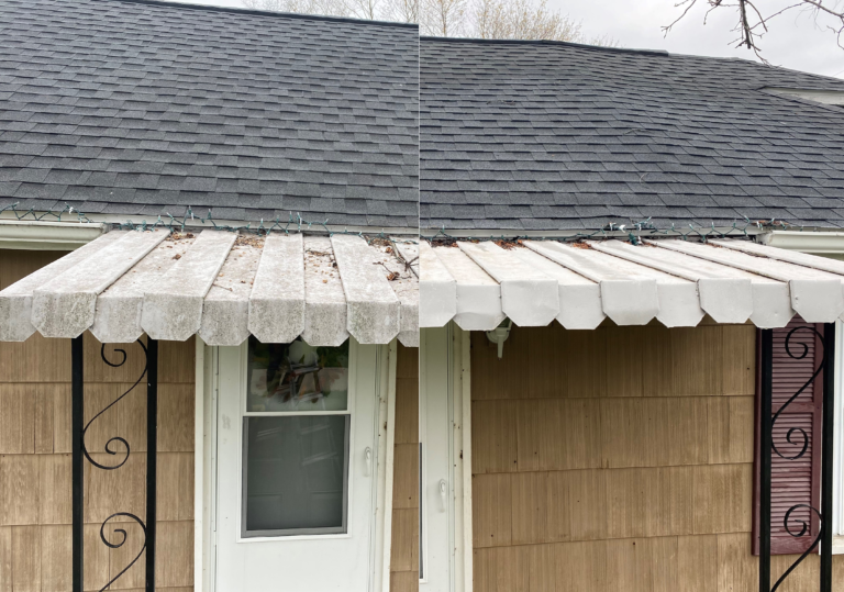 Dirty awning covered in green growth is gently cleaned to melt away the growth - South Bend, IN