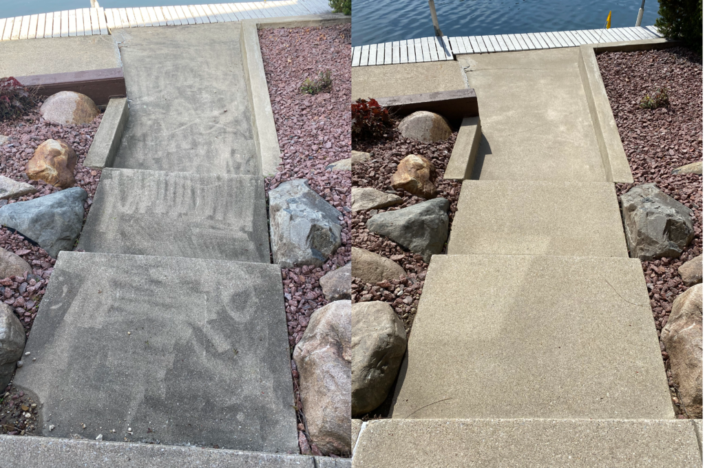 Dark concrete stair case down to boat dock before and after pressure washing - Syracuse, IN