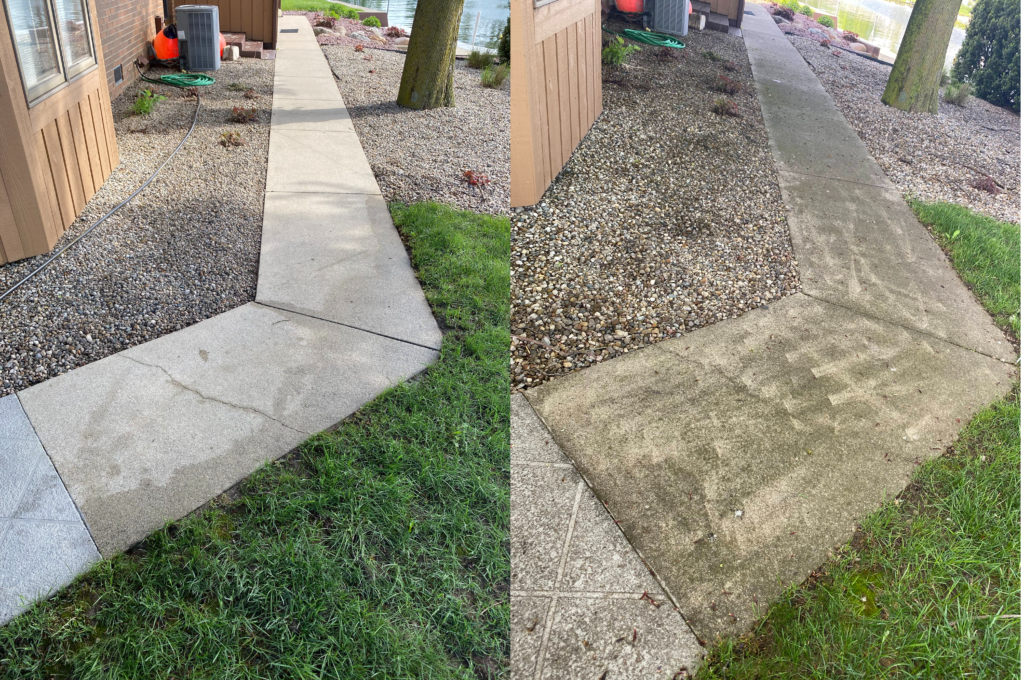 dirty sidewalks covered in algae before and after pressure washing