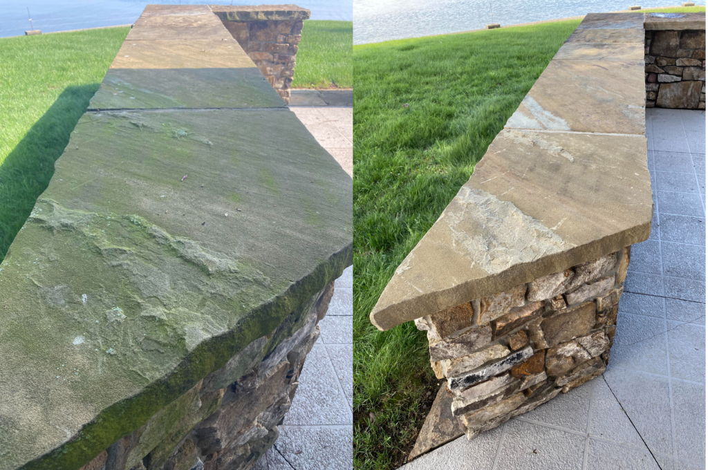 Stone Wall covered in algae before and after pressure washing - Syracuse, IN